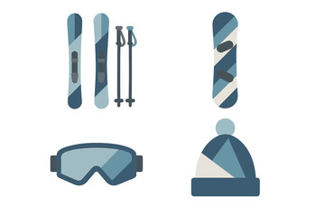 Winter sports equipment including skis, snowboards, poles, goggles, and a beanie ready for an adventure in the snow