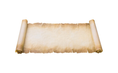 A weathered and aged parchment scroll with torn edges and rolled ends isolated on transparent background