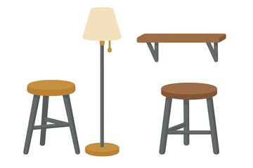 Stylish wooden furniture arrangement for a cozy living space with a lamp and stools