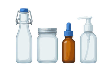 Variety of clear glass and plastic containers arranged neatly on a white background
