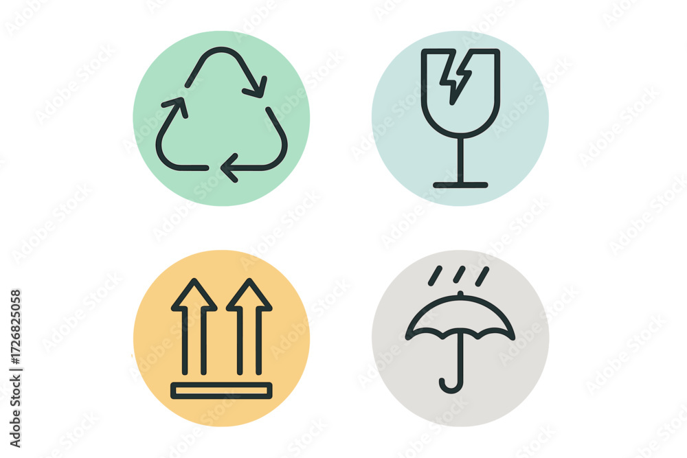Poster symbols representing recycling, breakable items, fragile handling, and weather protection in a simpl