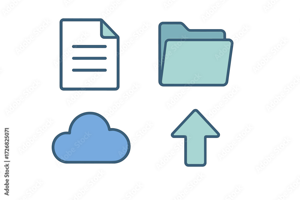 Poster graphic representation of digital file management with documents, folders, cloud, and upload symbol