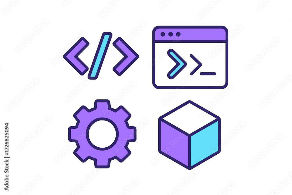 Aufkleber icon set representing coding, development, and software design in simple, colorful graphics