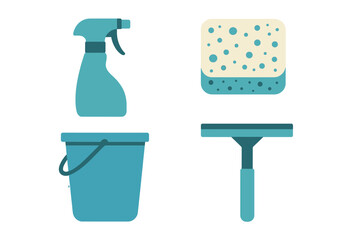 Cleaning supplies including a spray bottle, sponge, bucket, and squeegee arranged for a home cleaning session
