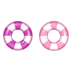 Two colorful striped inflatable ring floats in pink and purple isolated on transparent background for summer fun and safety