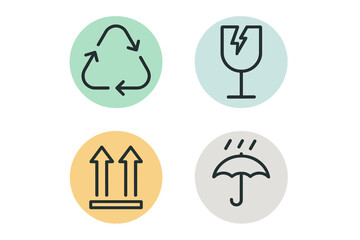 Symbols representing recycling, breakable items, fragile handling, and weather protection in a simple design