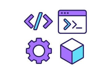 Icon set representing coding, development, and software design in simple, colorful graphics