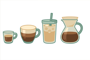 Different types of coffee beverages arranged from small to large in a simple, colorful style