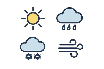 Weather symbols representing sun, rain, snow, and wind in a simple and modern design for educational purposes