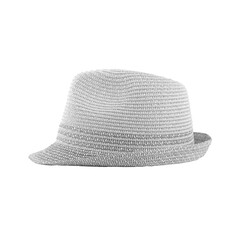 A stylish light colored woven fedora hat with a textured band and brim isolated on transparent background