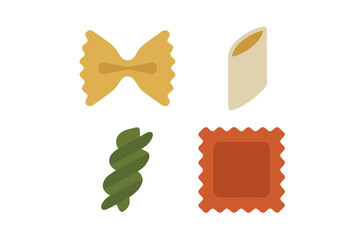 Variety of pasta shapes including farfalle, cannelloni, fusilli, and ravioli displayed on a white background