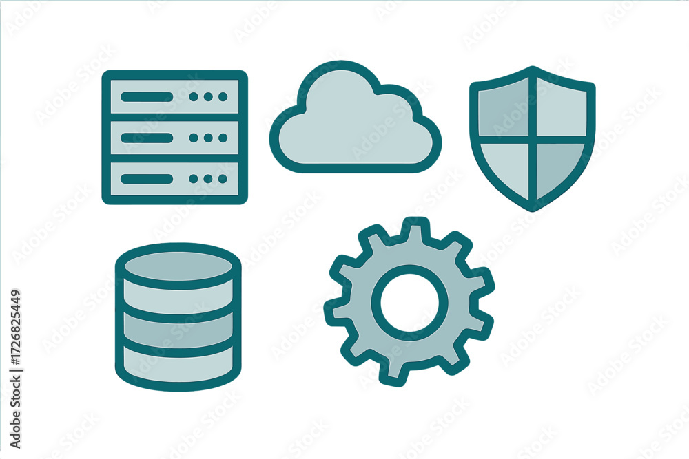 Aufkleber symbols representing cloud computing, data storage, network security, and management tools in modern