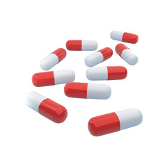 A scattering of red and white capsule pills for medication and health care treatment isolated on transparent background