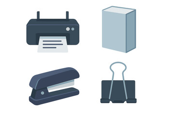 Office supplies including printer, paper, stapler, and binder clip arranged neatly on a white background