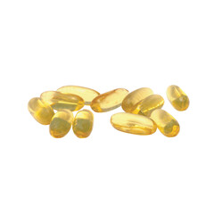 A pile of translucent yellow oval shaped vitamin capsules or supplements scattered on a black background isolated on transparent background