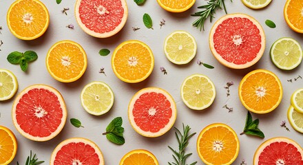 Citrus fruits sliced with herbs grapefruit orange