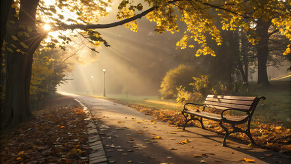 Golden Park Bench, tranquil parkscape of a wooden bench surrounded by falling golden leaves in late afternoon light