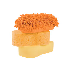 Stack of cleaning sponges and a fluffy orange microfiber wash mitt for automotive detailing and household chores isolated on transparent background