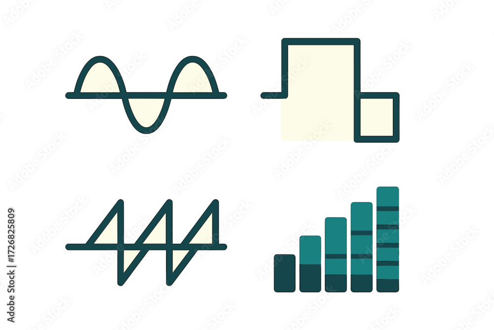 Poster visual representation of various waveforms and data trends used in signal processing and analysis