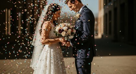 A tender moment between a bride and groom as they look at each other, surrounded by a heavy shower of colorful confetti on their wedding day.