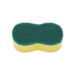 A dual sided cleaning sponge with a green abrasive scrubbing surface and a yellow soft foam side isolated on transparent background