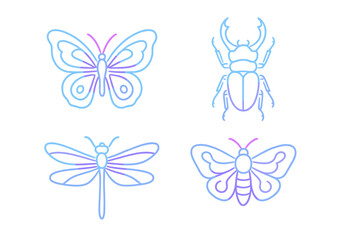 Colorful outlines of insects including butterflies, beetles, and dragonflies in soft pastel hues