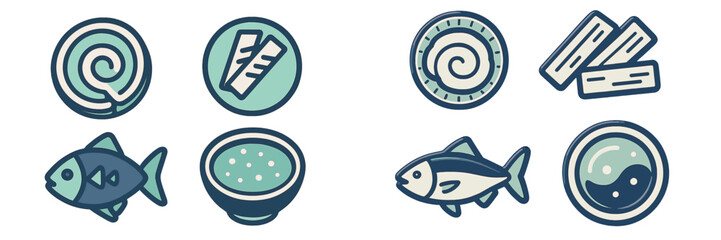 Different types of sushi ingredients and rolls displayed in a simple, colorful design on a clean background