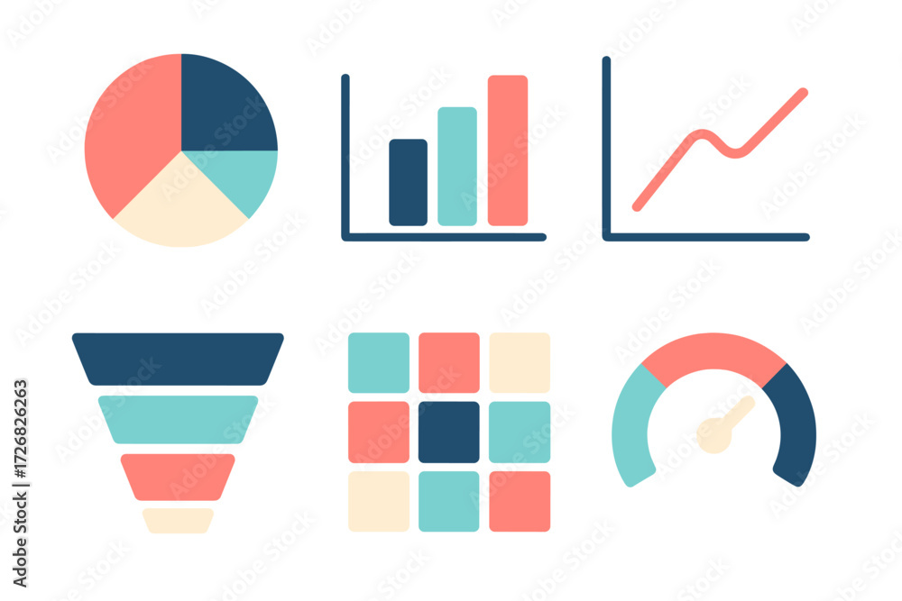 Poster colorful data visualization elements including pie charts, bar graphs, and line graphs are perfect f