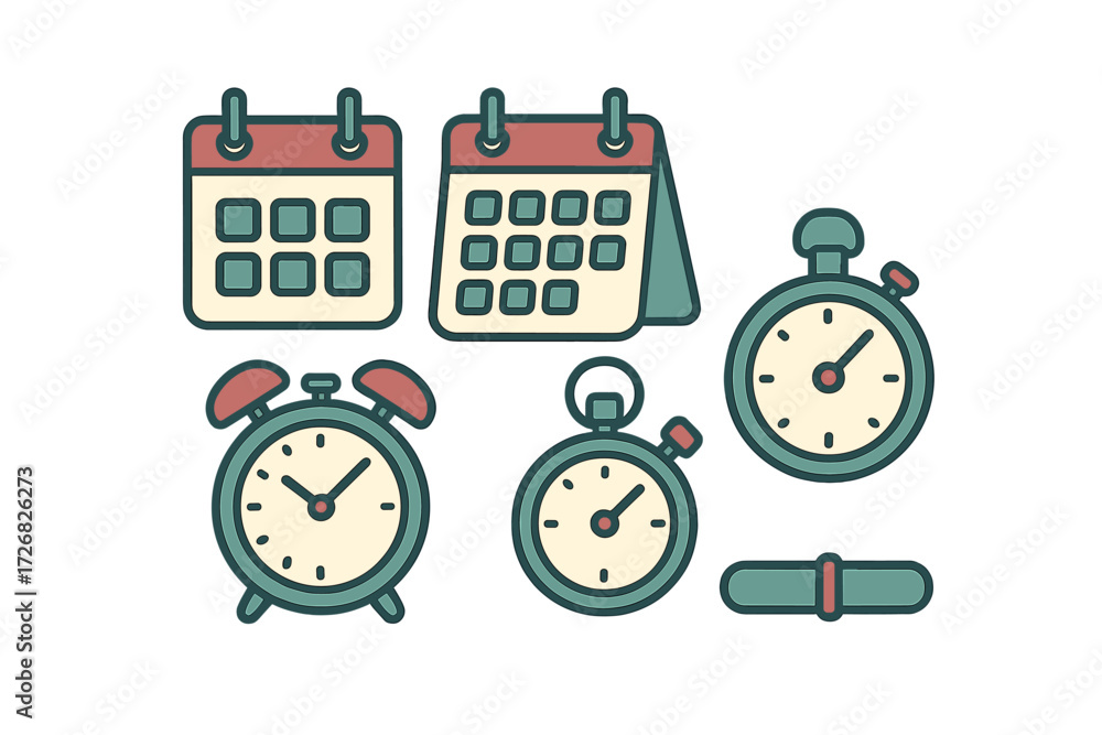 Poster collection of clocks and calendars for time management in daily life and productivity enhancement