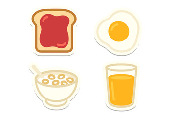 Breakfast items including toast with jam, fried egg, cereal bowl, and glass of orange juice on a simple background