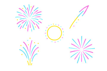Colorful fireworks display with vibrant bursts and swirling patterns set against a plain background