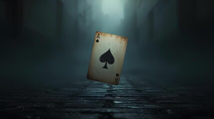 Mysterious Ace of Spades Card in Dark Foggy Alley