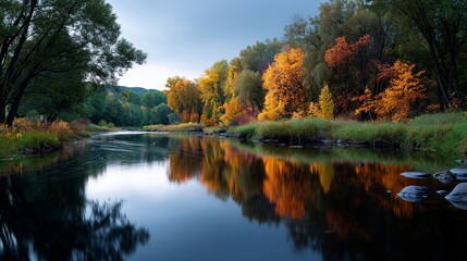 Autumn colors reflect on a calm river surrounded by lush trees in the early morning