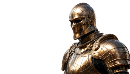 A majestic golden knight in full armor, standing stoically against a stark transparent background, exuding an aura of power and ancient valor, isolated on transparent background