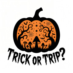 Halloween pumpkin illustration with spooky forest, mushrooms, spiderweb and Trick or Trip text design
