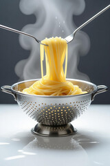 Steaming pasta lifted with forks over colander