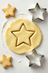 Rolled dough with star cutouts and metal cutters