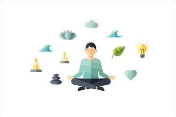 Flat design illustration of a person meditating surrounded by nature-inspired symbols of peace and well-being.