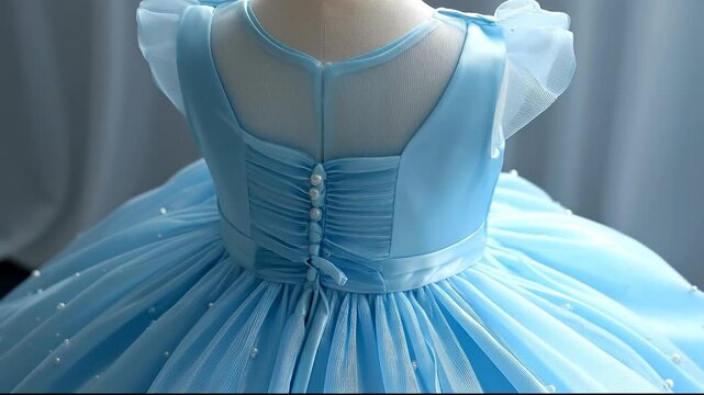 A mannequin displays a blue dress with elegant blue fabric and blue buttons. The blue tulle of the dress adds texture, as the blue back is adorned with blue pearls.