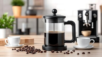 A French press and espresso machine are prominently displayed in a modern kitchen, surrounded by coffee beans and cups, with potted plants adding freshness to the cozy atmosphere