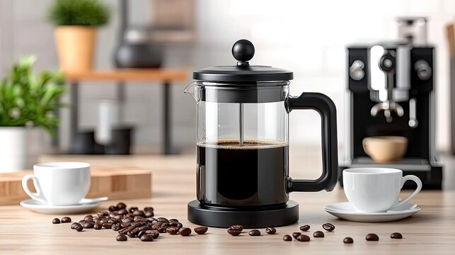 A French press and espresso machine are prominently displayed in a modern kitchen, surrounded by coffee beans and cups, with potted plants adding freshness to the cozy atmosphere