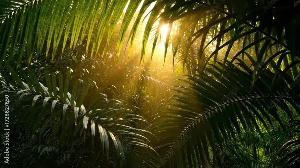 Poster bright sun rays filter through dense palm tree leaves creating a beautiful light display calm, palm 