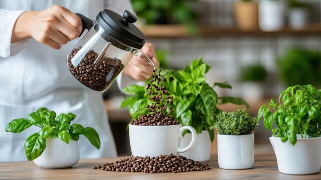 A French press and espresso machine are prominently displayed in a modern kitchen, surrounded by coffee beans and cups, with potted plants adding freshness to the cozy atmosphere