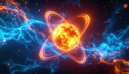 Obraz premium A glowing energy core with atomic orbits surrounded by blue and orange plasma waves representing fusion power, science and futuristic innovation in cosmic setting
