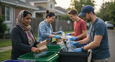 Group of People Recycling Bottles in Green and Black Bins Outdoors in Suburban Neighborhood