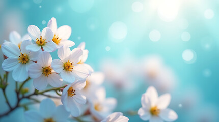 Obraz premium Close-up of White Cherry Blossoms with Soft Blue Bokeh and Sun Flare spring flower