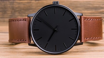 The watch features a clean black face paired with a rich brown leather strap, highlighting its minimalist design perfect for both casual and formal occasions