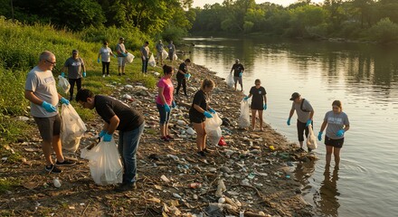 Group of Diverse People Cleaning Riverbank in Sunny Outdoor Environment