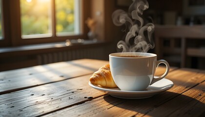 Cup of steaming hot coffee with croissant on rustic wooden table, natural sunlight shining through window, cozy breakfast concept, relaxation, morning lifestyle, comfort atmosphere, energy.