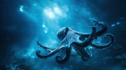 Octopus Swimming Underwater with Sunlight